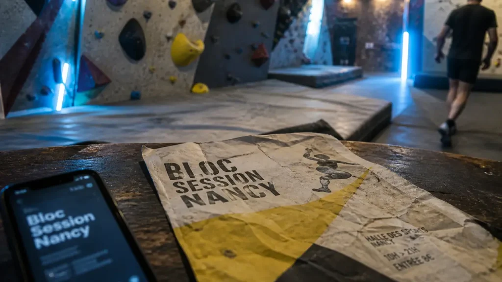 Bloc session nancy : intérieur salle d’escalade et affiche