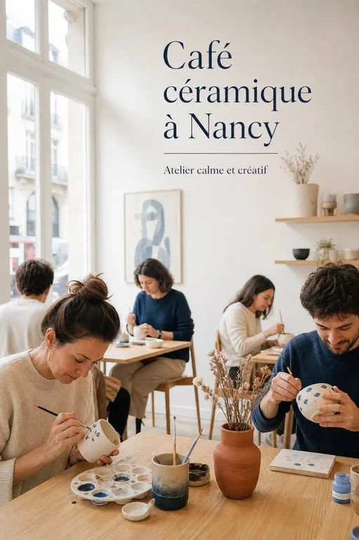 Cafe ceramique Nancy : ambiance cosy d’un atelier de peinture sur céramique avec des personnes en train de personnaliser des mugs et des bols