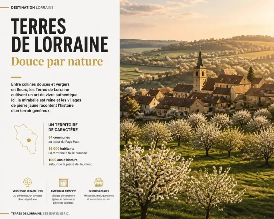 Paysage rural typique des Terres de Lorraine avec vergers et architecture en pierre de Jaumont