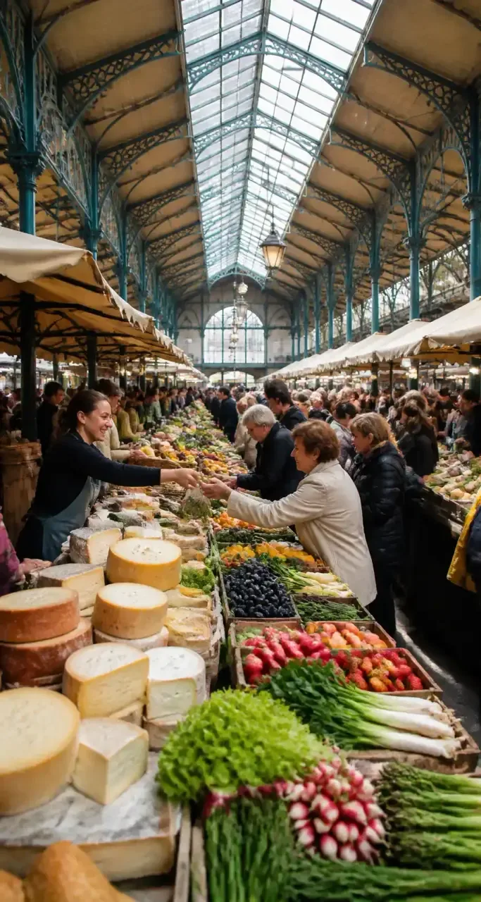 Marché couvert en Lorraine, étals de produits régionaux