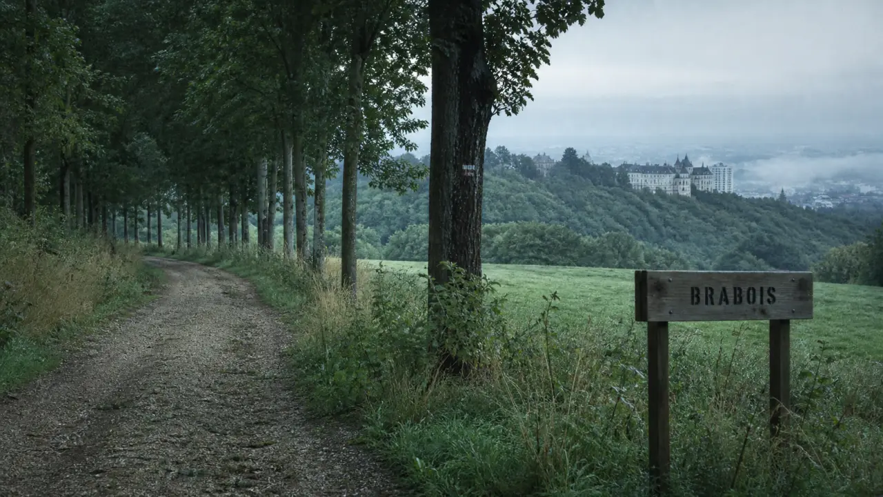 Parc de Brabois : allée bordée de prairies vers Nancy