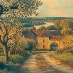 Terres de Lorraine : route de campagne, vergers et fermes en pierre