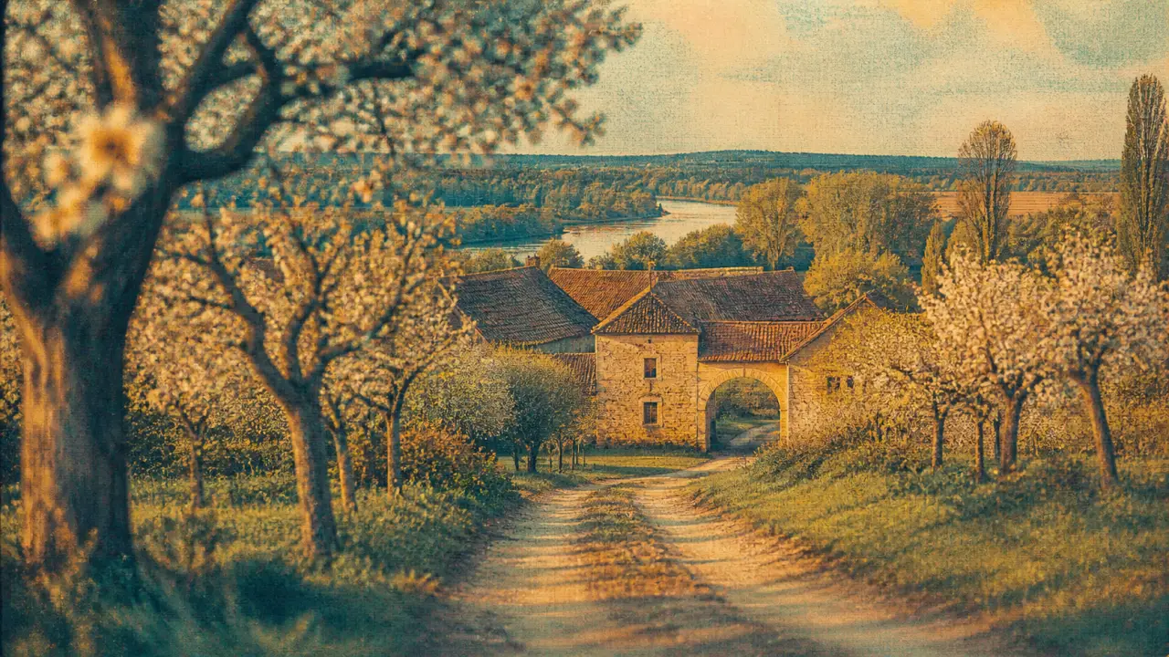 Terres de Lorraine : route de campagne, vergers et fermes en pierre