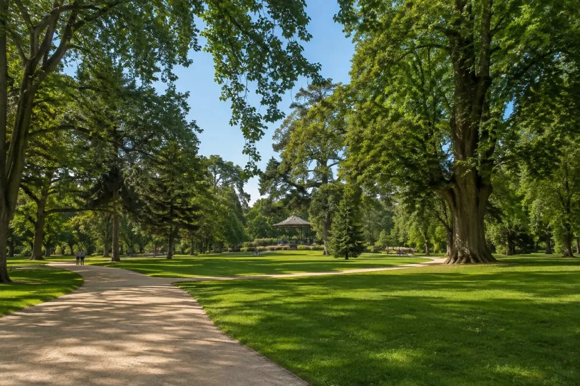 Parc Sainte-Marie de Nancy, vue large des allées et des grands arbres en ville