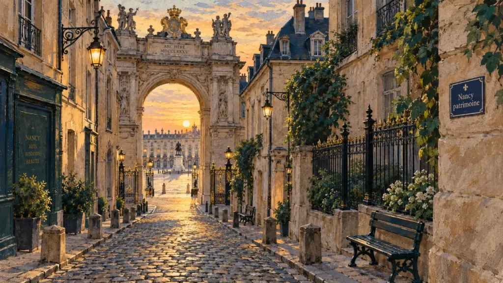 Nancy histoire et patrimoine : rue pavée Ville Vieille vers l’arc Héré, Nancy