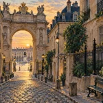 Nancy histoire et patrimoine : rue pavée Ville Vieille vers l’arc Héré, Nancy