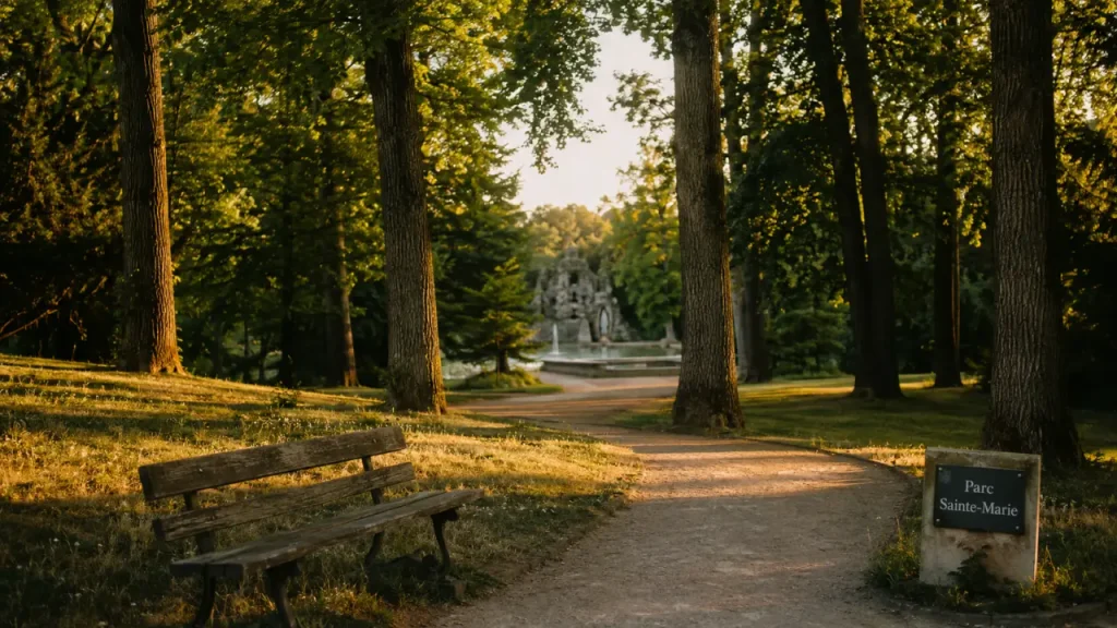 Parc Sainte Marie de Nancy : allée bordée d’arbres et banc au coucher du soleil