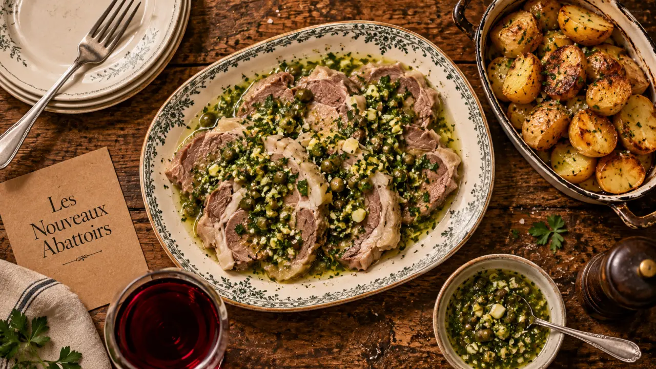 Restaurant les abattoirs Nancy : tête de veau ravigote sur table en bois